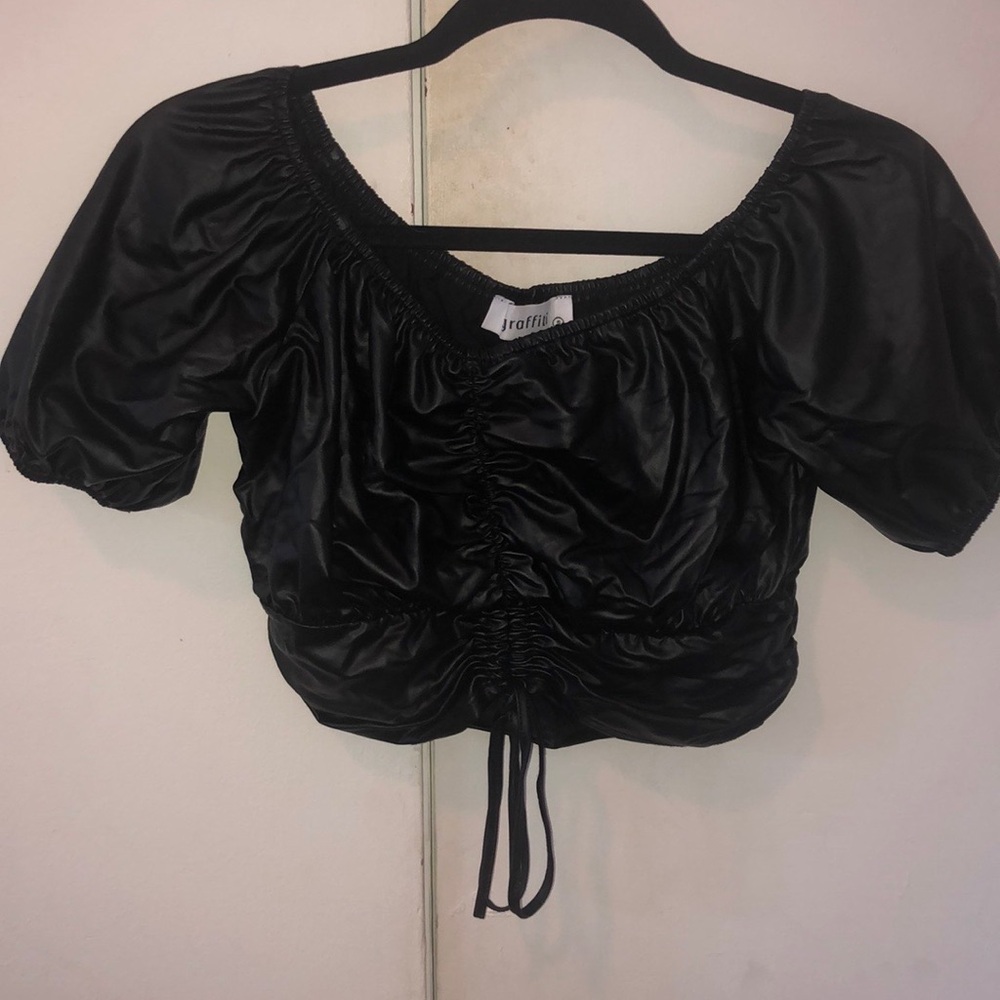 Never worn black leather puff sleeve crop top
